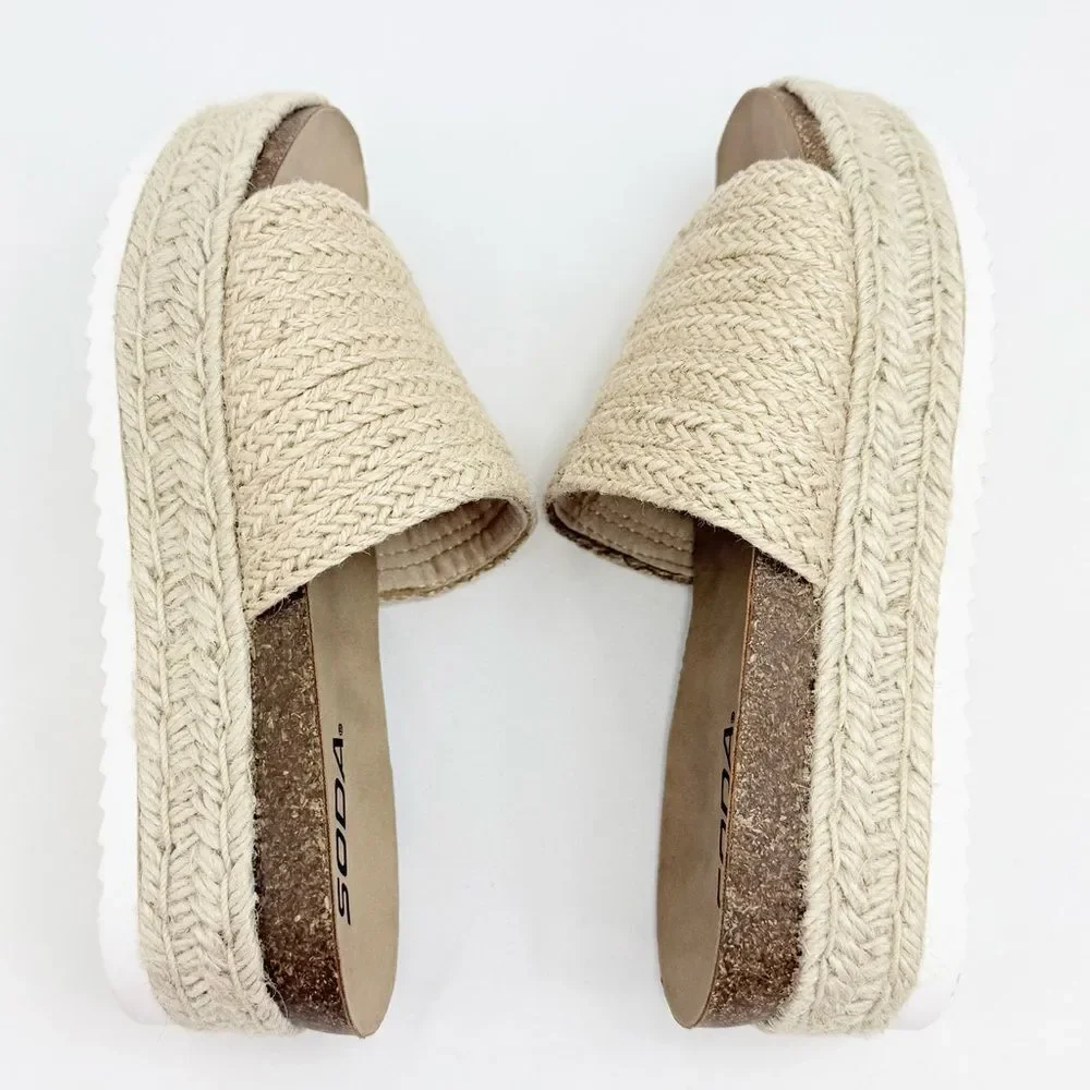 Soda PROCESS Beige Jute Open Toe Platform Espadrille Slide Sandals